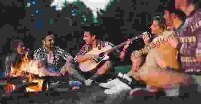 A Photo Of A Group Of People Singing And Playing Guitars Around A Campfire, With The Text Woody Guthrie: Songs And Art * Words And Wisdom