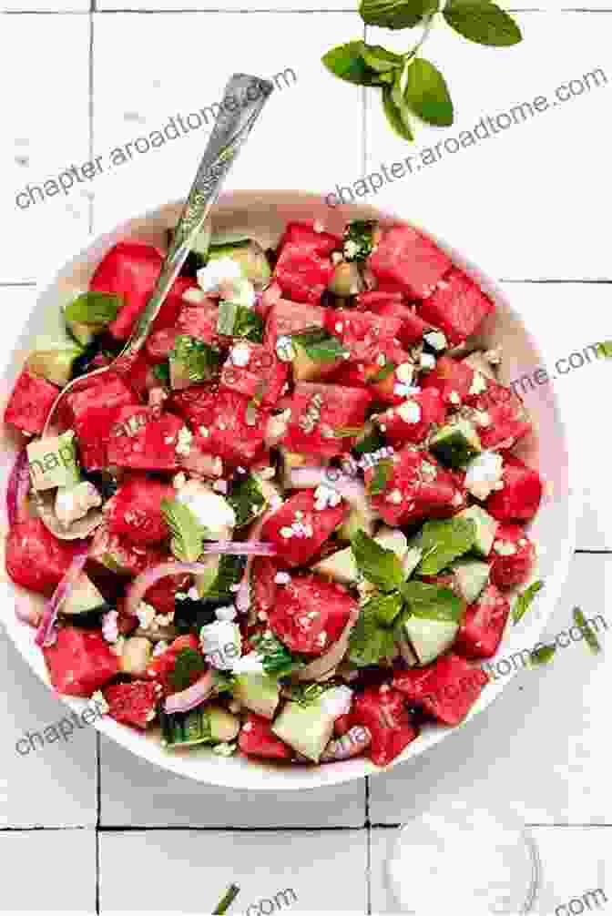 Vibrant Watermelon Mint Salad Garnished With Aromatic Mint Leaves Hello 300 Watermelon Recipes: Best Watermelon Cookbook Ever For Beginners Summer Salads Cookbook Vodka Cocktail Recipes Frozen Cocktail Recipe Smoothie Bowl Cucumber Salad Recipe 1